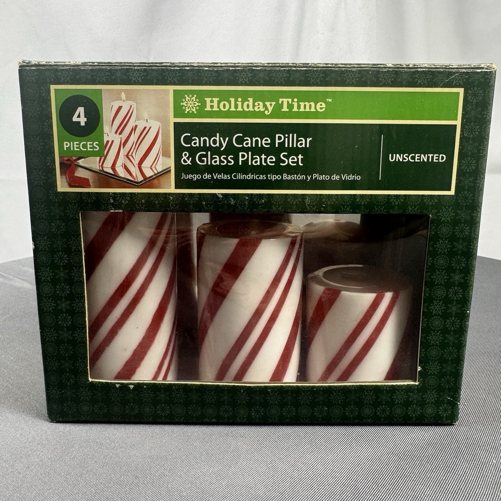 Holiday Time Candy Cane Pillar Candles / Includes Mirrored Glass Plate / Unused